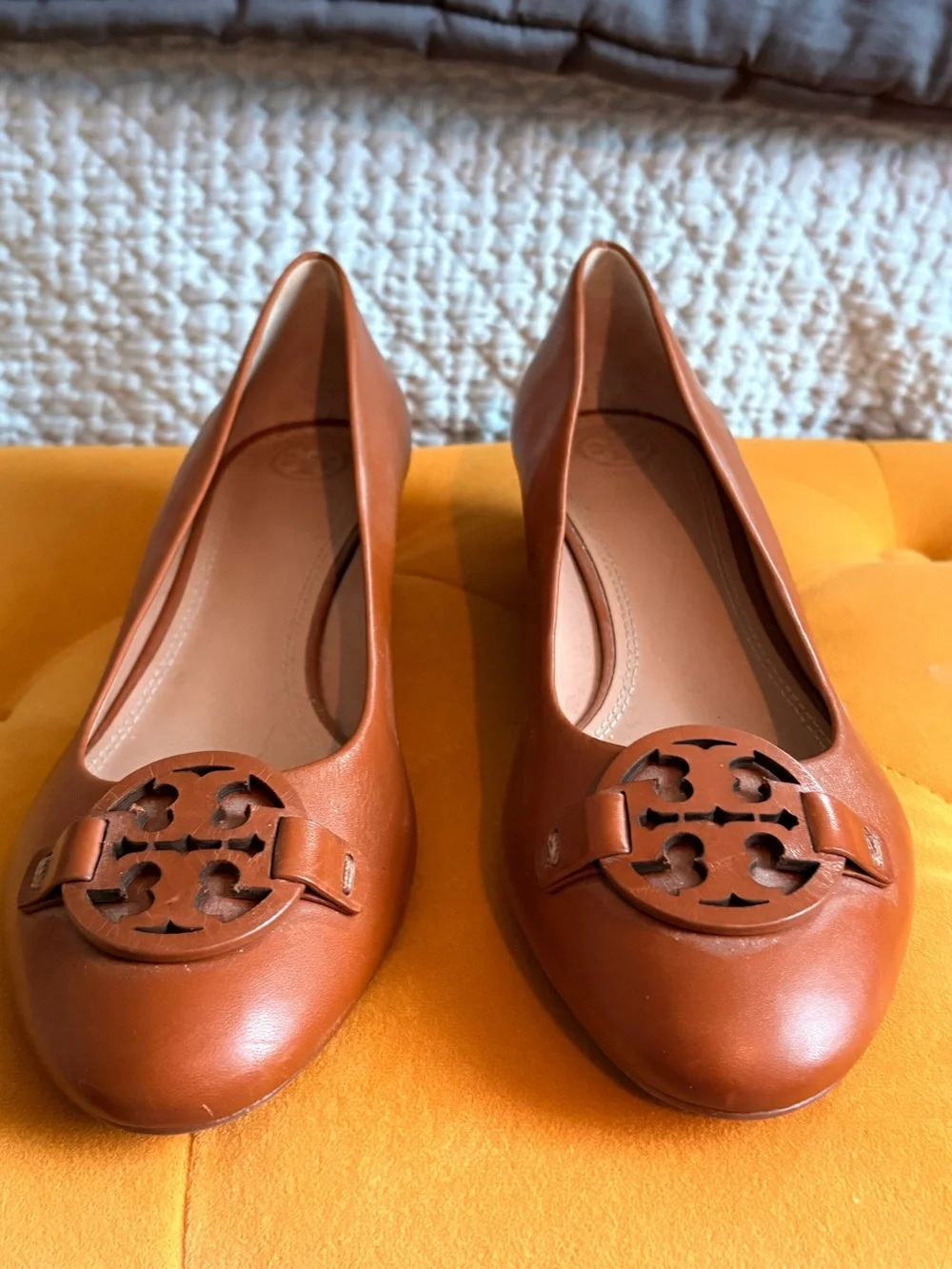 Tory Burch Cognac Leather Wedge Pump with Logo Medallion